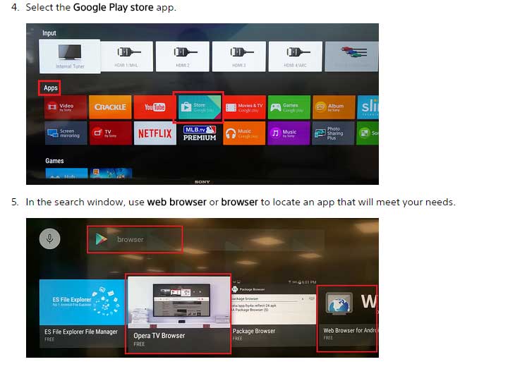 sony android tv instalare browser